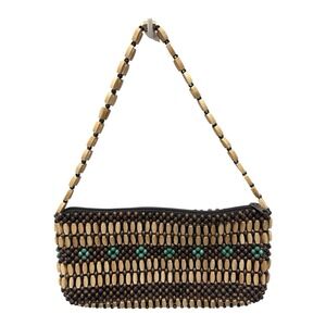 Beaded Purse‎ Handbag Tan Blue Zipper Closure 70s Style Retro Vintage Small